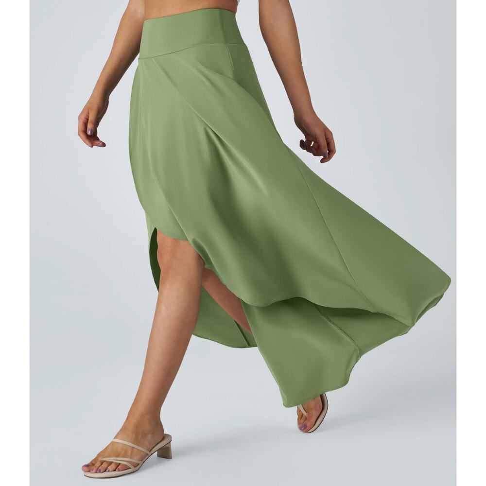 Halara Breezeful High Low Ruffle Maxi Skirt Shorts Flowy Sage L - Casual Resort